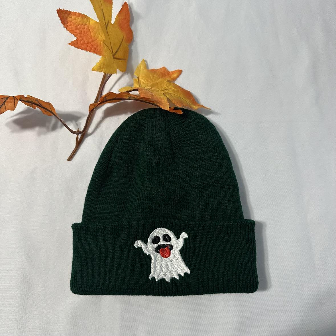 Halloween Ghost Embroidered Beanie - Custom Knit Cuffed Beanie
