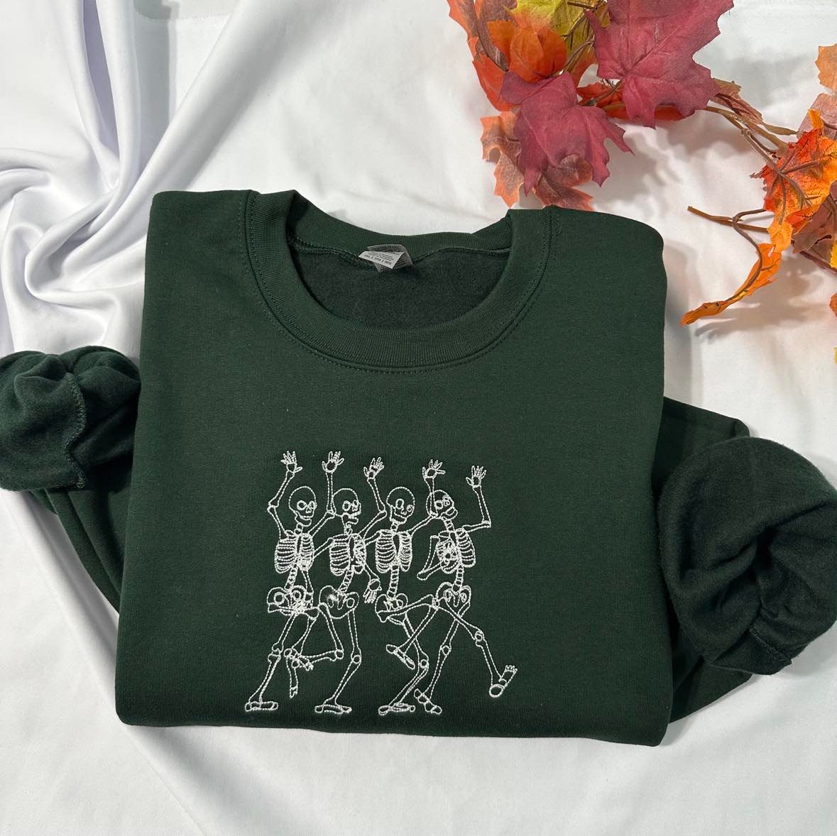 Embroidered Dancing Skeleton Sweatshirt: Glow in the Dark Halloween Crewneck