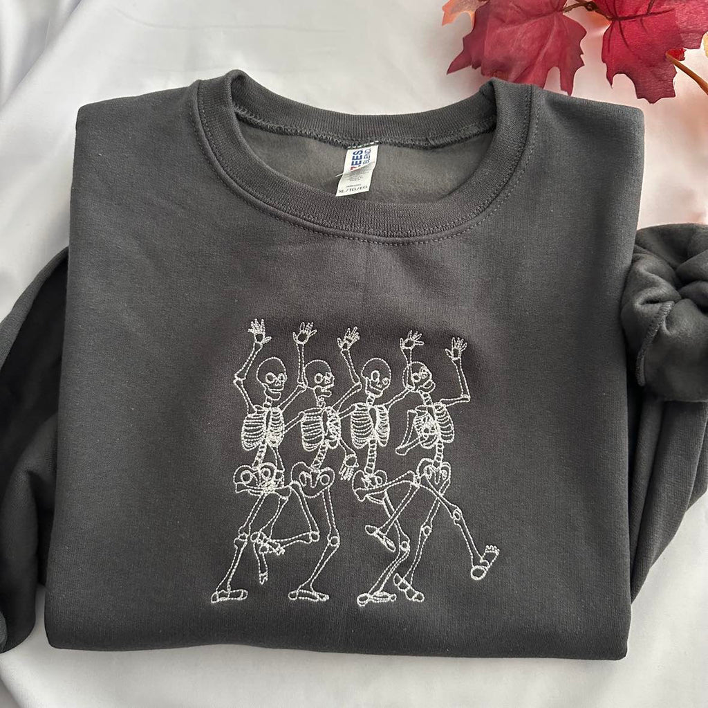Embroidered Dancing Skeleton Sweatshirt: Glow in the Dark Halloween Crewneck
