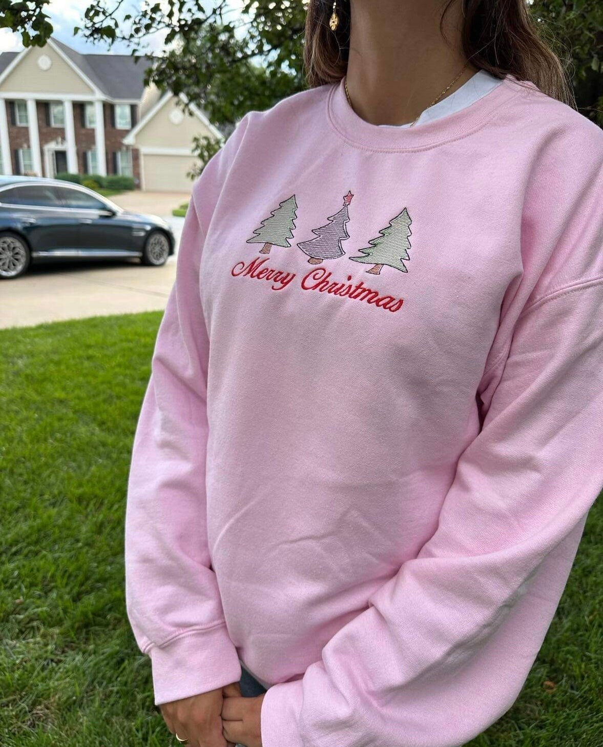 Best Seller Merry Christmas tree embroidered crewneck; Christmas trees Embroidered sweatshirt; Trendy Christmas gift for her/him