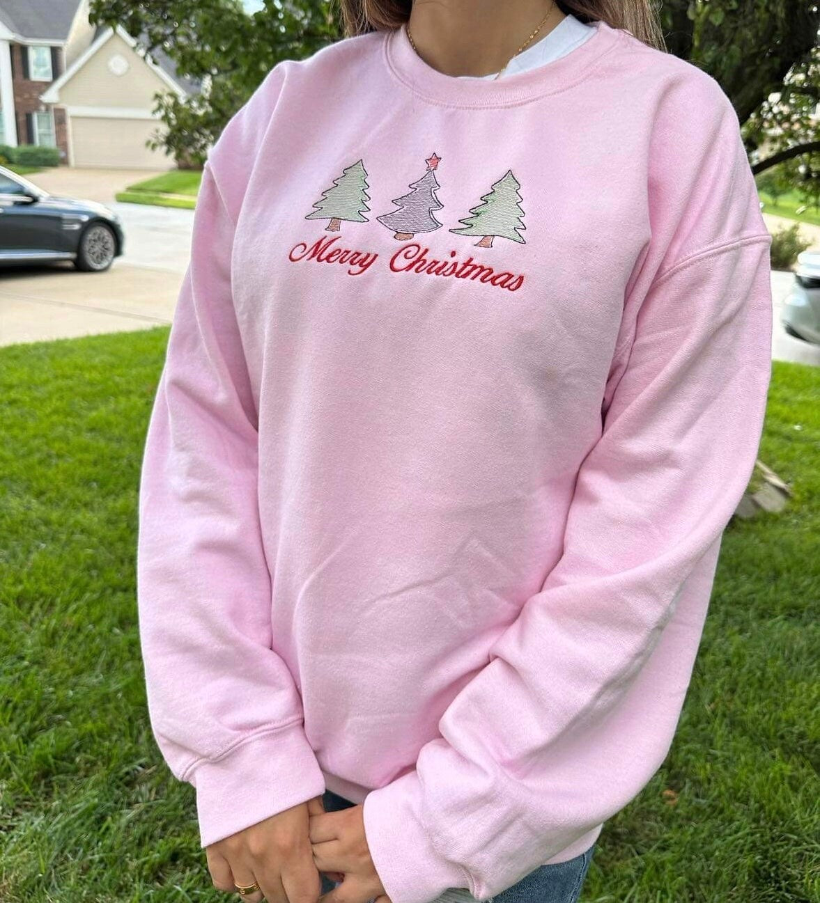 Merry Christmas tree embroidered crewneck; Christmas trees Embroidered sweatshirt; unique Christmas  gift for her/him