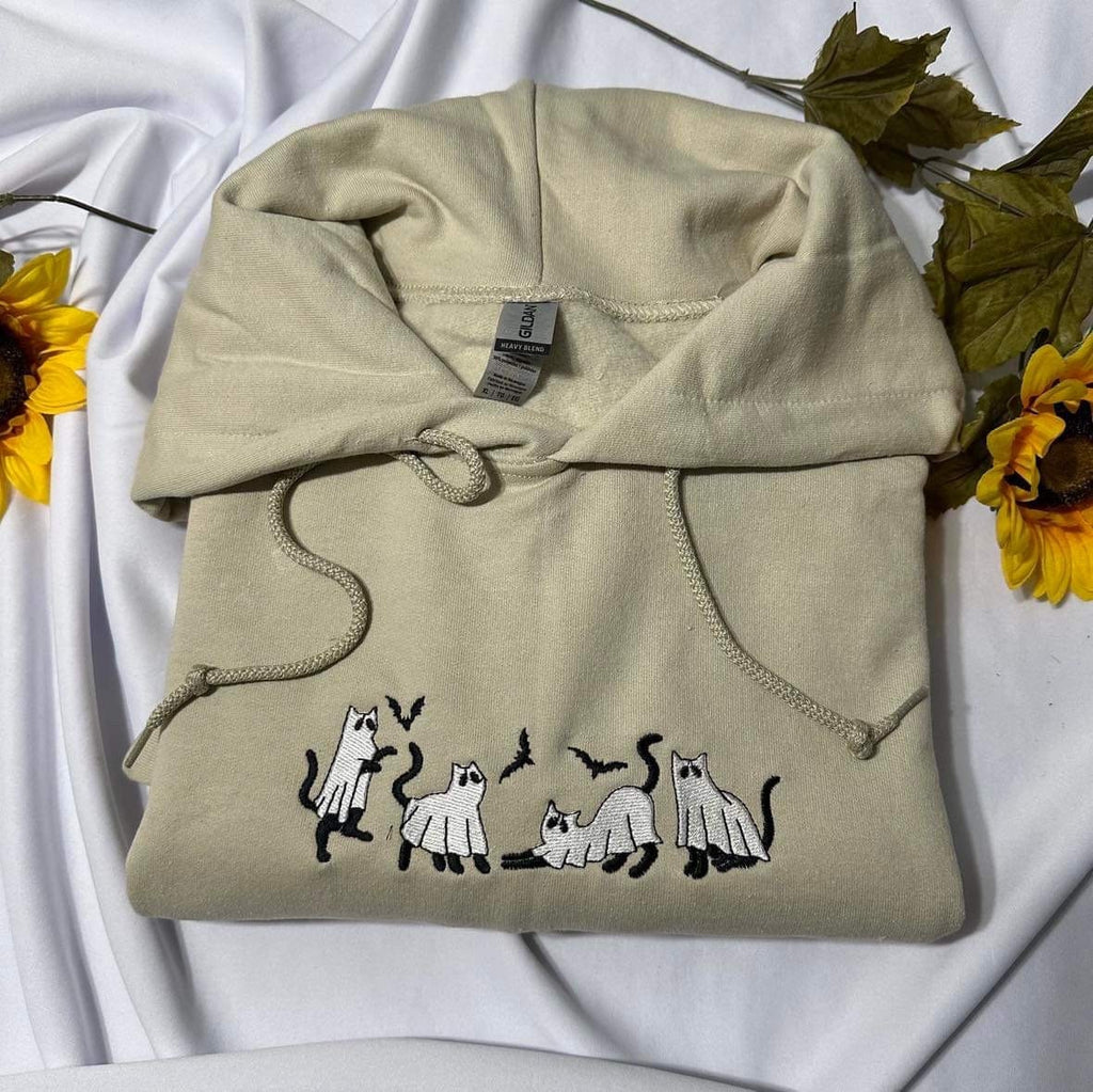 Ghost Cat Embroidered Halloween Hoodie - Spooky Season