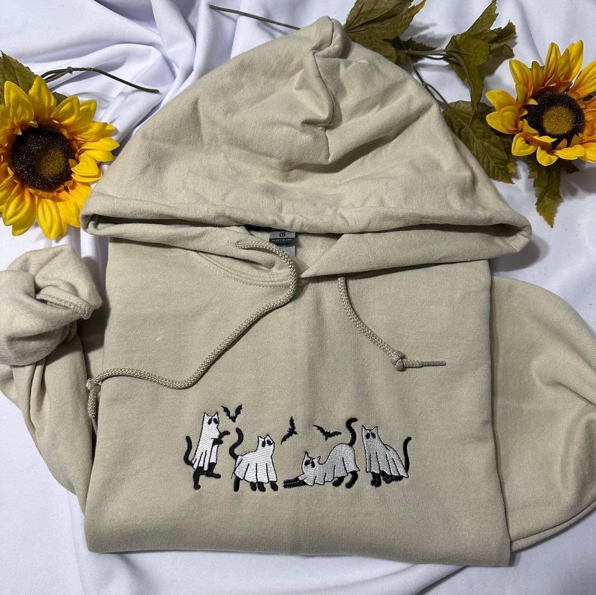 Ghost Cat Embroidered Halloween Hoodie - Spooky Season