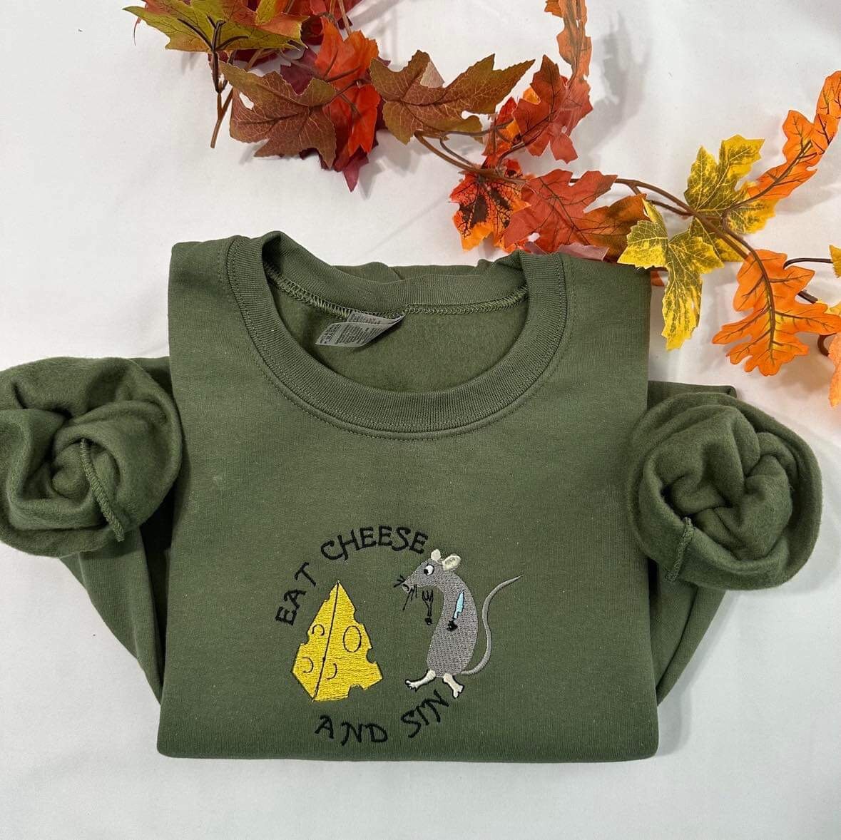 Eat Cheese and Sin Embroidered Sweatshirt; Funny Christmas gifts for your family and friends, Cute Mouse with Cheese Design