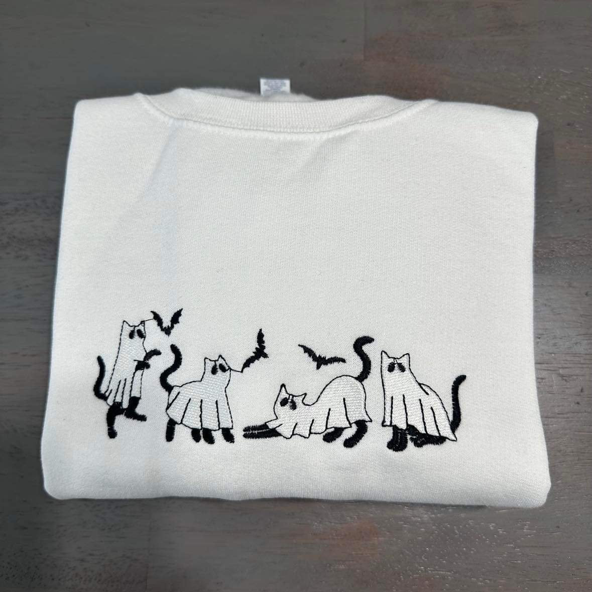 Halloween sweatshirt, embroidered Halloween Cat sweatshirt; black cat ghost embroidered crewneck, code orange, Fall sweatshirt