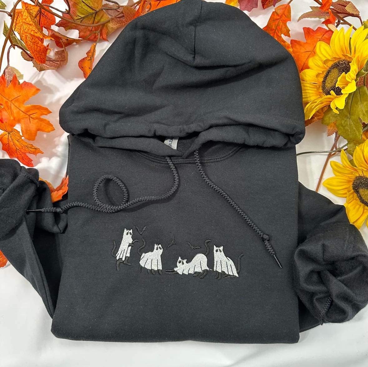 Ghost Cat Halloween embroidered hoodie; Ghost cat embroidered hoodie, Spooky season hoodies