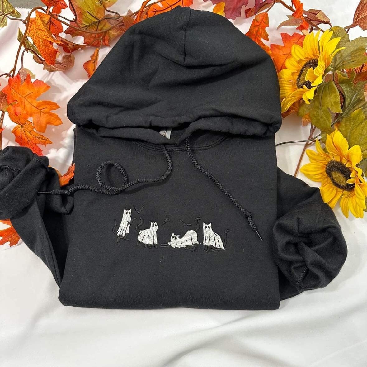 Ghost Cat Halloween embroidered hoodie; Ghost cat embroidered hoodie, Spooky season hoodies
