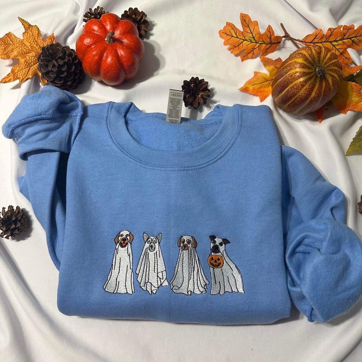 Embroidered Ghost Dogs Halloween Sweatshirt: Spooky Season Crewneck