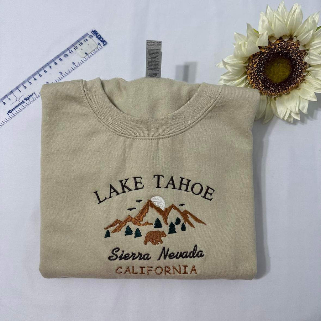 Lake Tahoe Embroidered Sweatshirt; Sierra Nevada Aesthetic Mountain California hoodies.