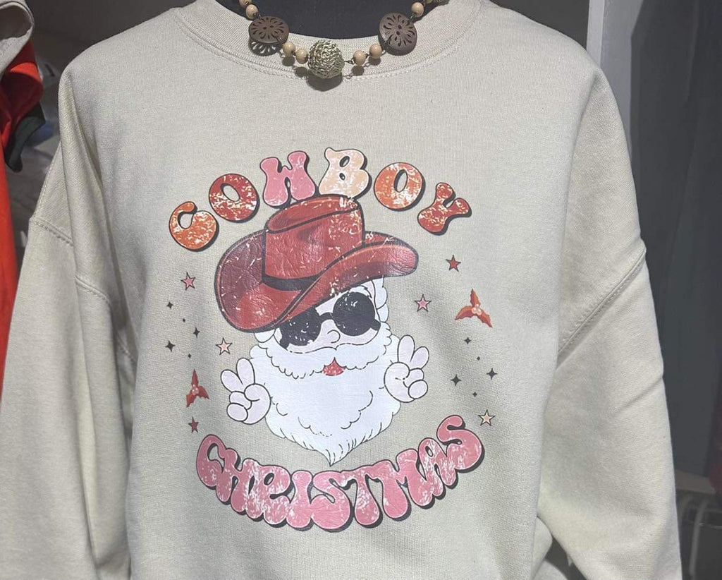 Santa Cowboy Christmas Sweatshirt: Retro Graphic Print Crewneck