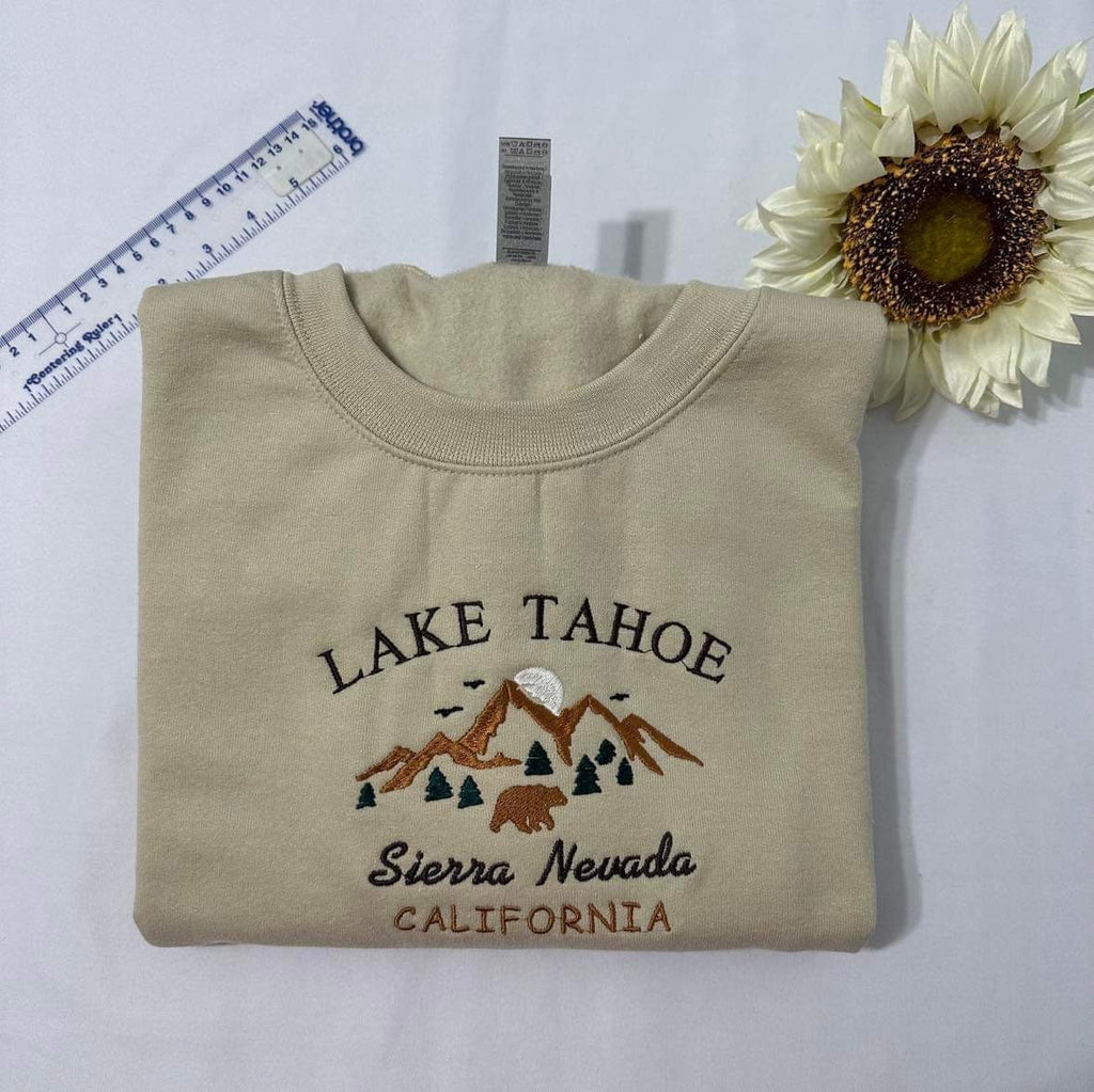 Lake Tahoe Embroidered Sweatshirt; Sierra Nevada Aesthetic Mountain California hoodies.