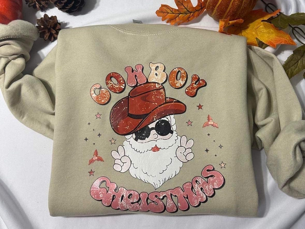 Santa Cowboy Christmas Sweatshirt: Retro Graphic Print Crewneck