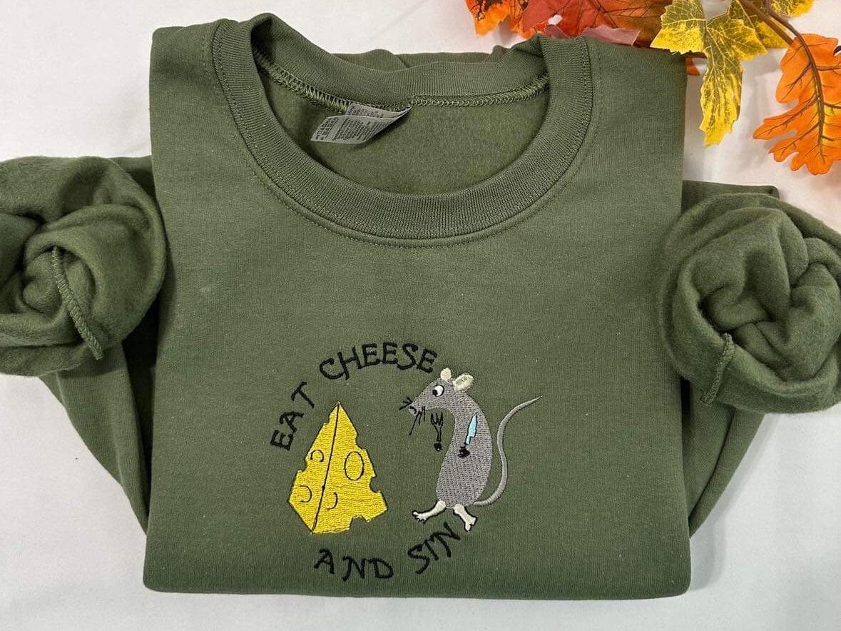 Eat Cheese and Sin Embroidered Sweatshirt; Funny Christmas gifts for your family and friends, Cute Mouse with Cheese Design