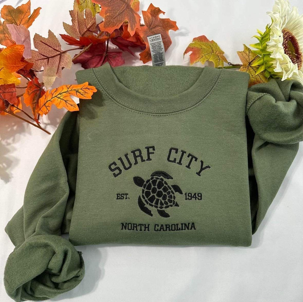 Surf City NC Embroidered Sweatshirt: Coastal Bachelorette Gift
