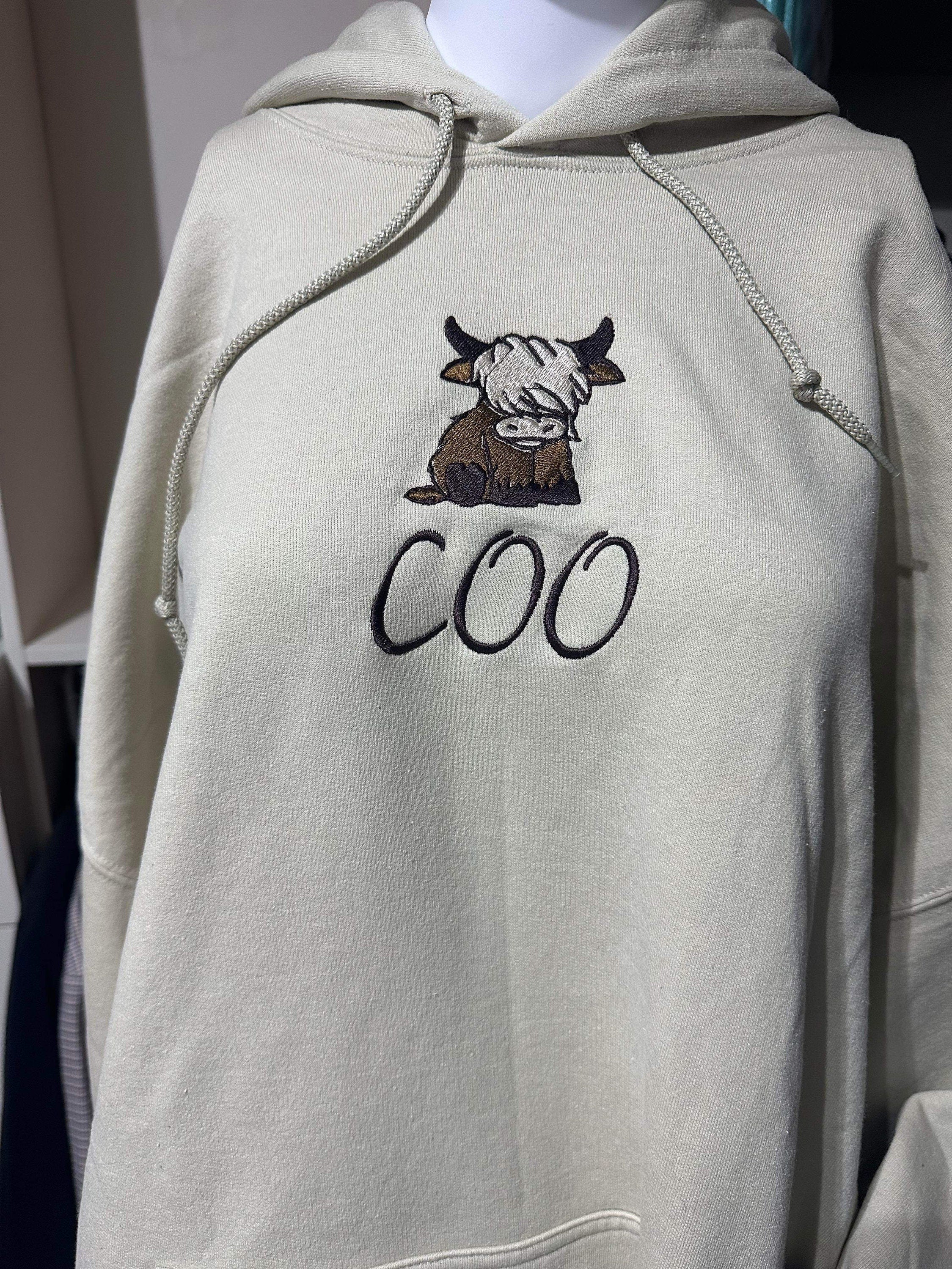 Highland Cow embroidered hoodie;  Highland COO with MOO embroidered on the cuff of the hoodie, western hoodies, farm gifts