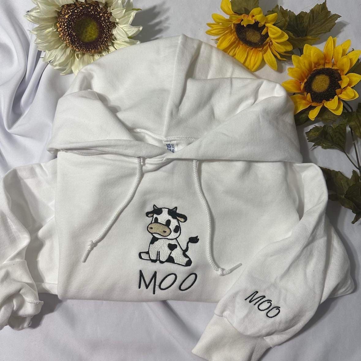 Cow embroidered hoodie;  Sitting cow with MOO embroidered on the cuff of the hoodie, Fall hoodies