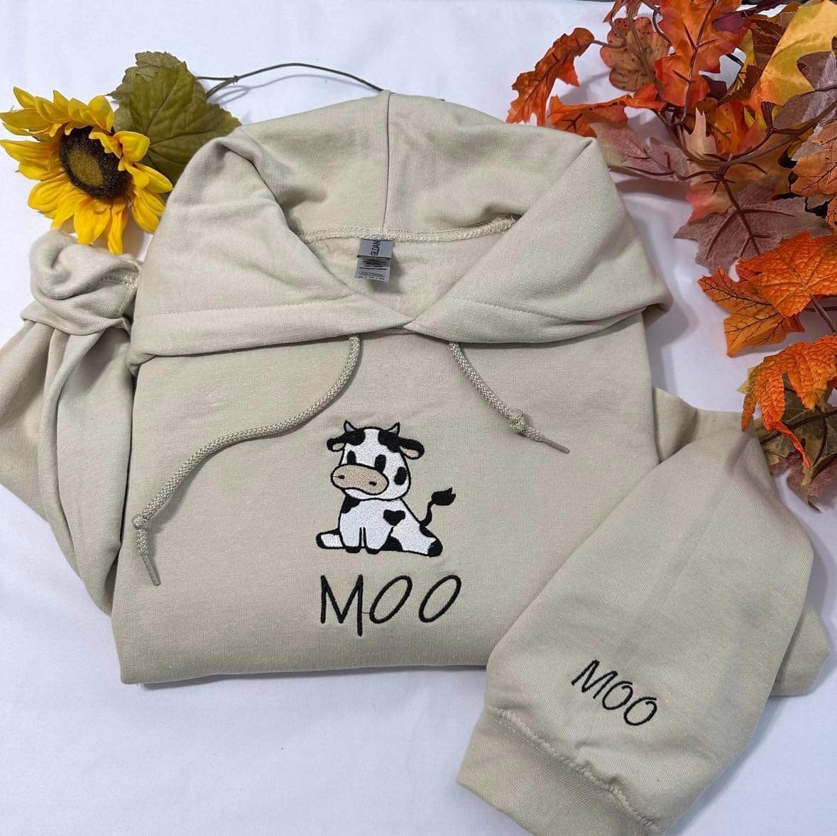 Cow embroidered hoodie;  Sitting cow with MOO embroidered on the cuff of the hoodie, Fall hoodies