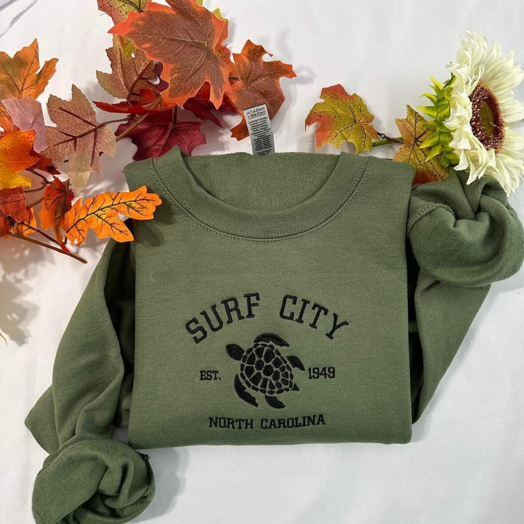 Surf City NC Embroidered Sweatshirt: Coastal Bachelorette Gift
