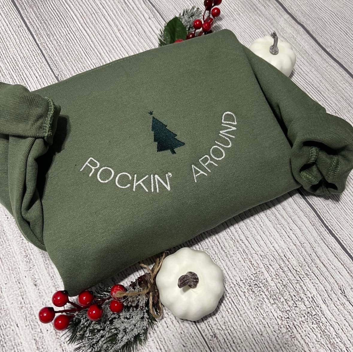 Retro Rockin around the Christmas tree embroidered crewneck; Christmas Embroidered sweatshirt; best seller holiday/Christmas hoodie