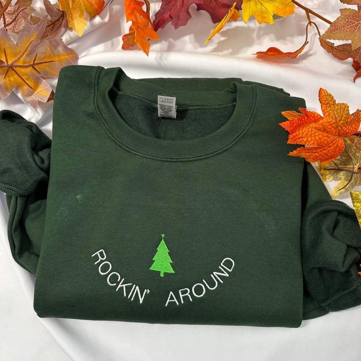 Retro Rockin around the Christmas tree embroidered crewneck; Christmas Embroidered sweatshirt; best seller holiday/Christmas hoodie