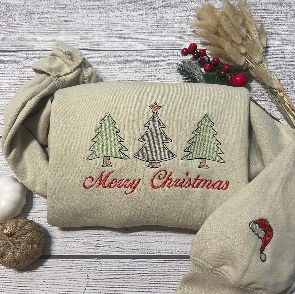 Merry Christmas tree embroidered crewneck; Christmas trees Embroidered sweatshirt; unique Christmas  gift for her/him