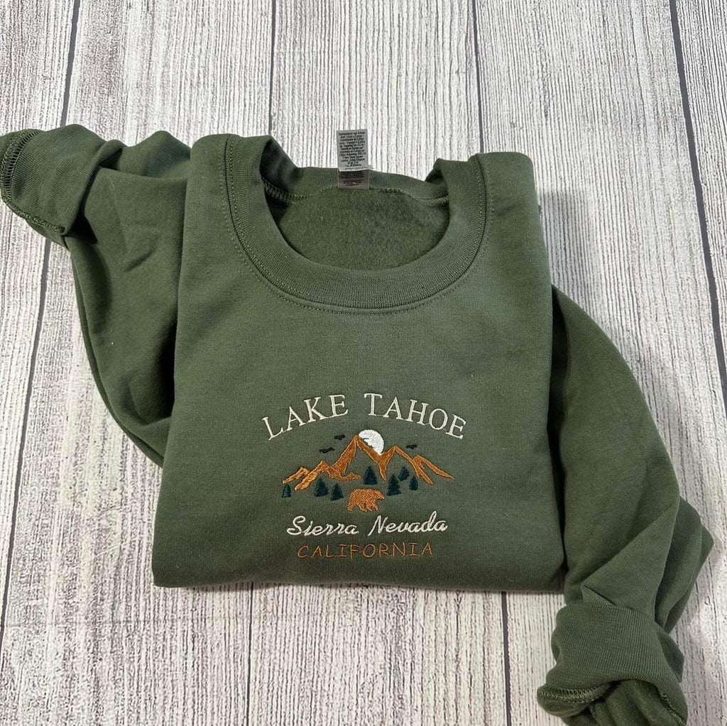 Lake Tahoe Embroidered Sweatshirt; Sierra Nevada Aesthetic Mountain California hoodies.