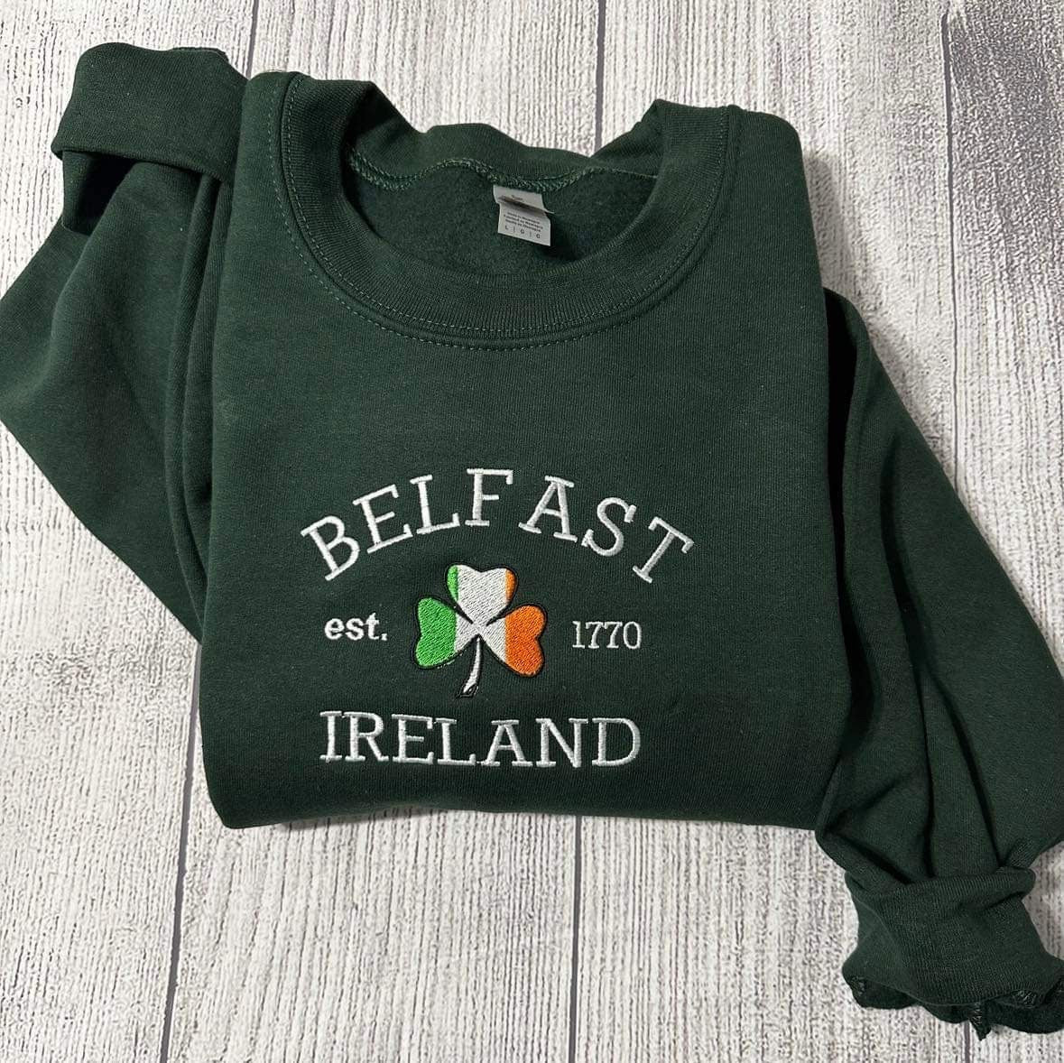 Belfast Ireland Embroidered Sweatshirt: Irish Shamrock Crewneck