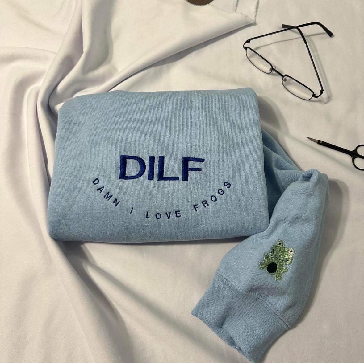 DILF damn I love frogs embroidered sweatshirt; funny gift for him embroidered crewneck. Frog lover’s embroidered crewneck