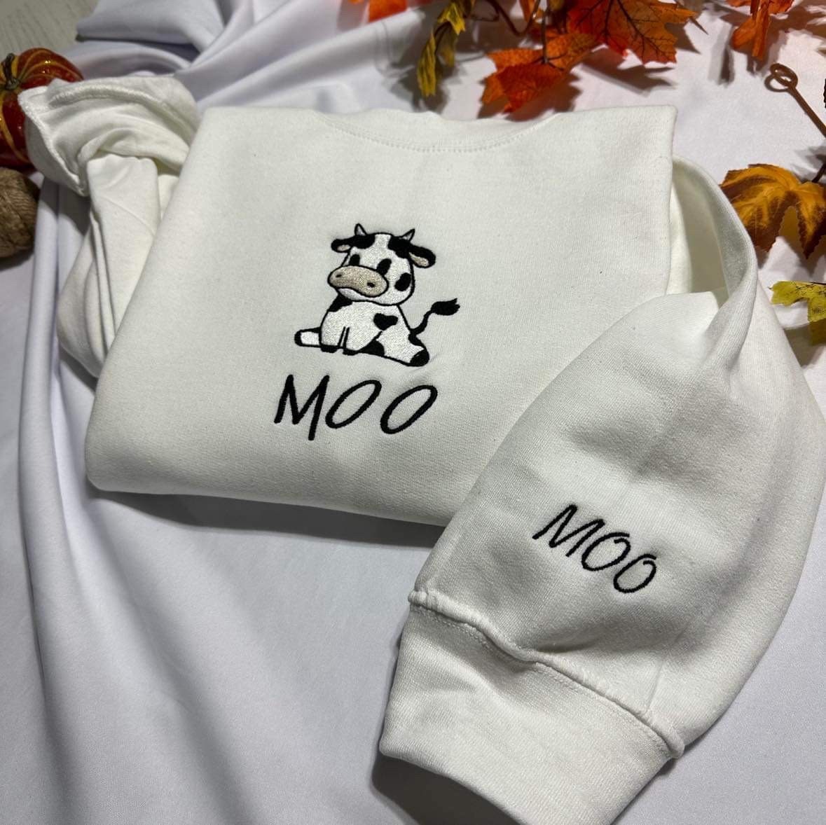 Embroidered Lazy Cow Sweatshirt, Sitting Cow with MOO embroidered on the Sleeve, Cute Minimalist Valentines day gift