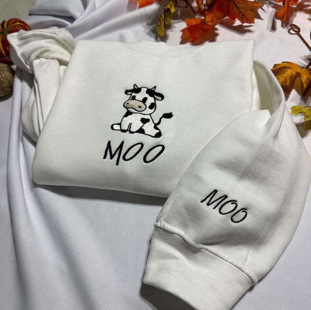 Embroidered Lazy Cow Sweatshirt, Sitting Cow with MOO embroidered on the Sleeve, Cute Minimalist Valentines day gift