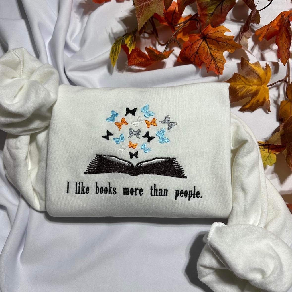 Bookish Embroidered Sweatshirt: Butterfly Book Design, Cozy Book Lover Clothing
