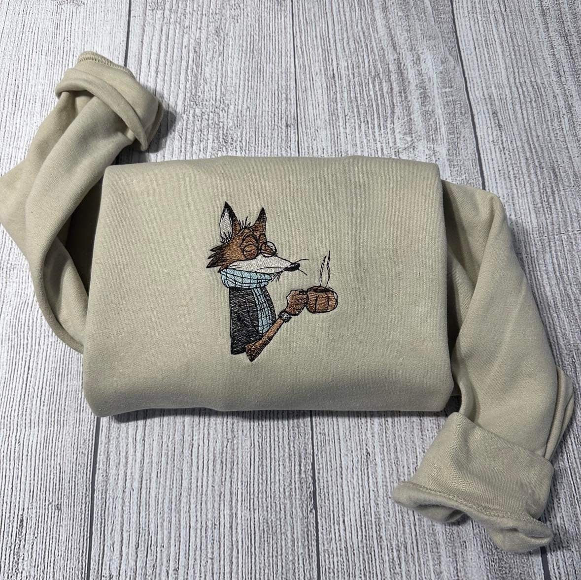 Fox embroidered sweatshirt; Cute Fox drinking coffee embroidered crewneck, Coffee lovers embroidered hoodie.Christmas gift for her/him