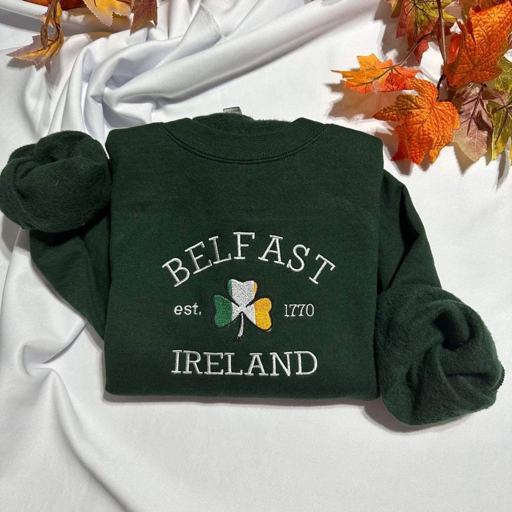 Belfast Ireland Embroidered Sweatshirt: Irish Shamrock Crewneck