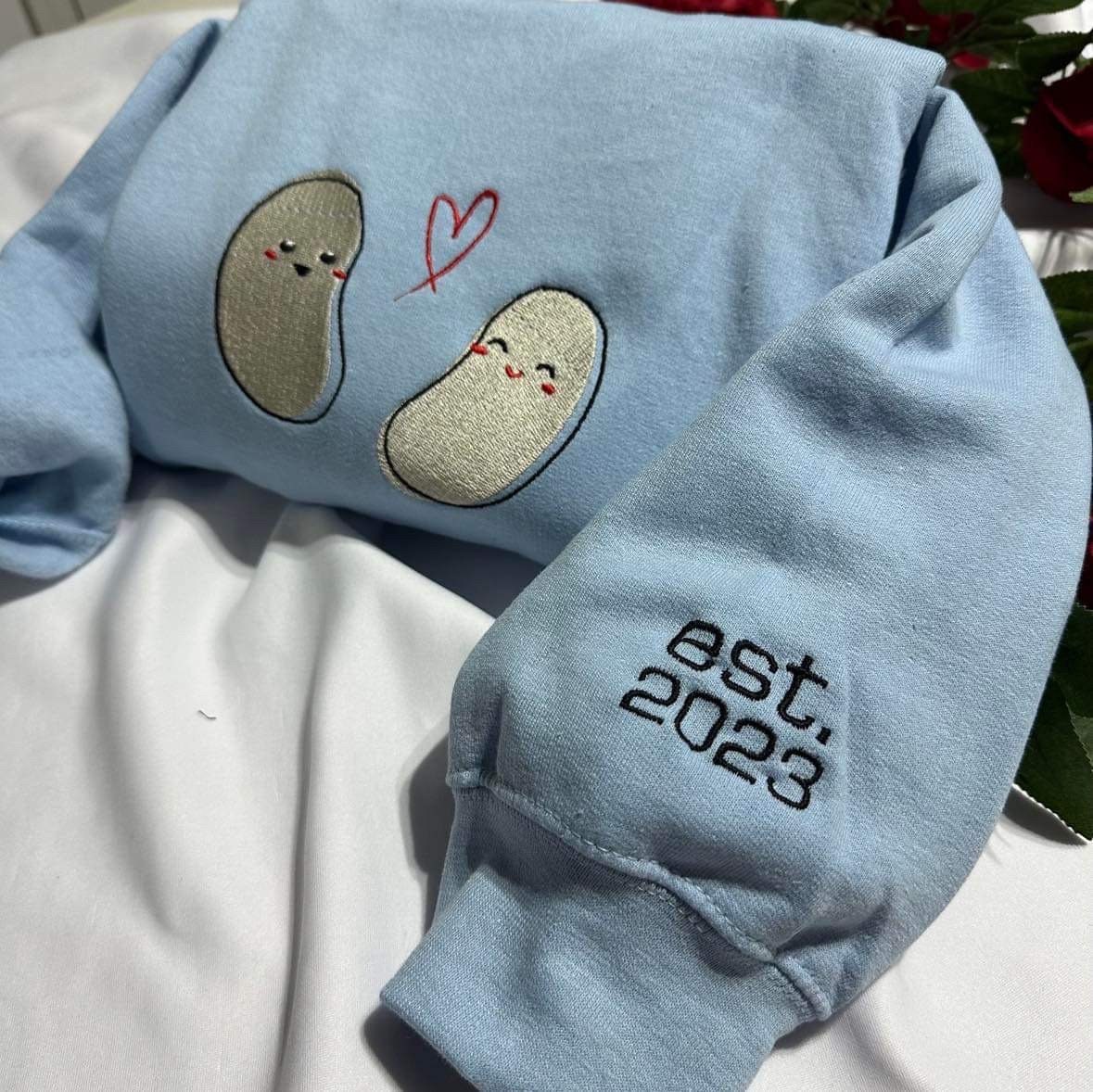 Personalised Bean embroidered Sweatshirt,  cute customisable couple Bean with est. year  embroidered on the cuff of the crewneck,