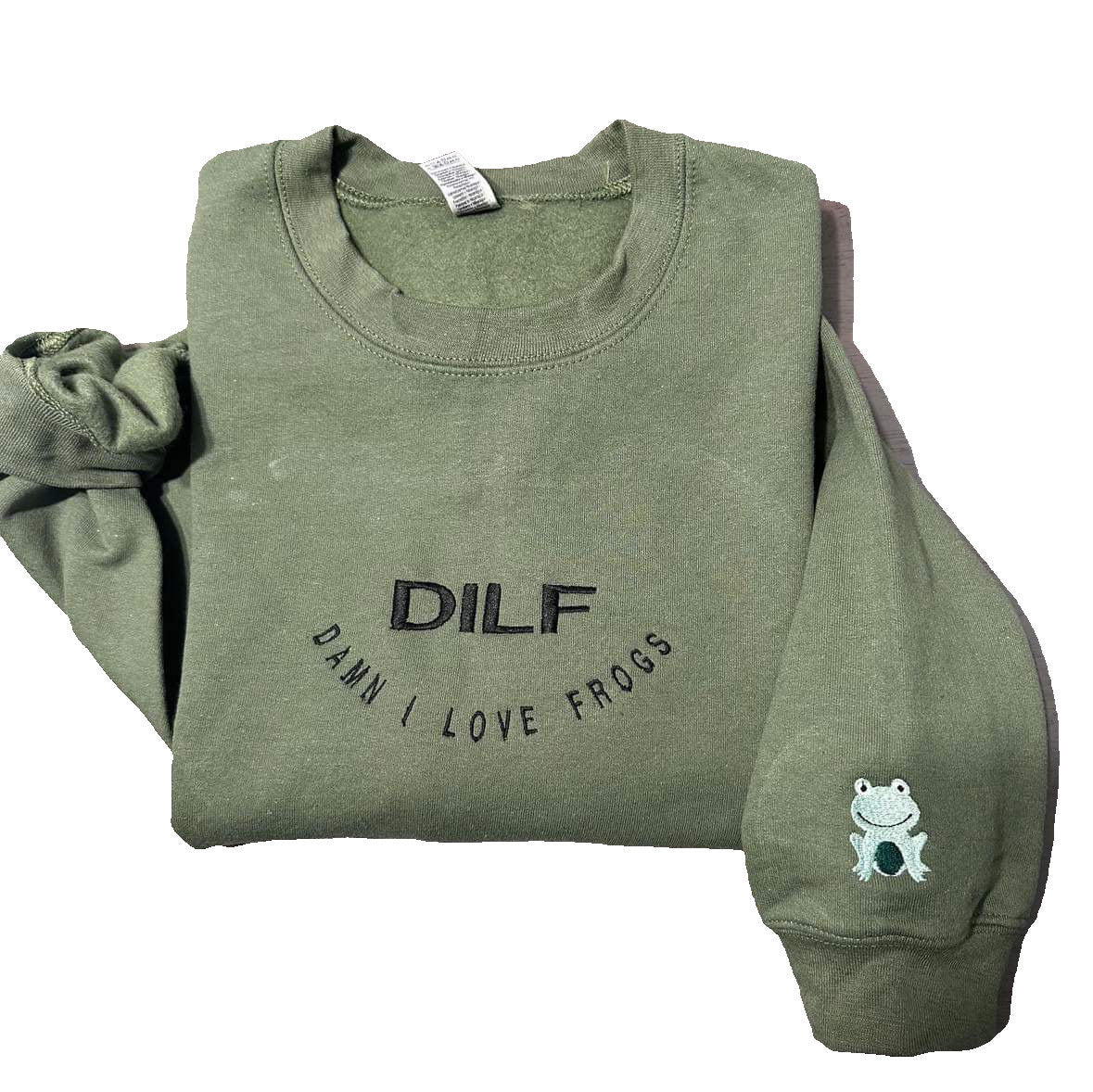 DILF damn I love frogs embroidered sweatshirt; funny gift for him embroidered crewneck. Frog lover’s embroidered crewneck