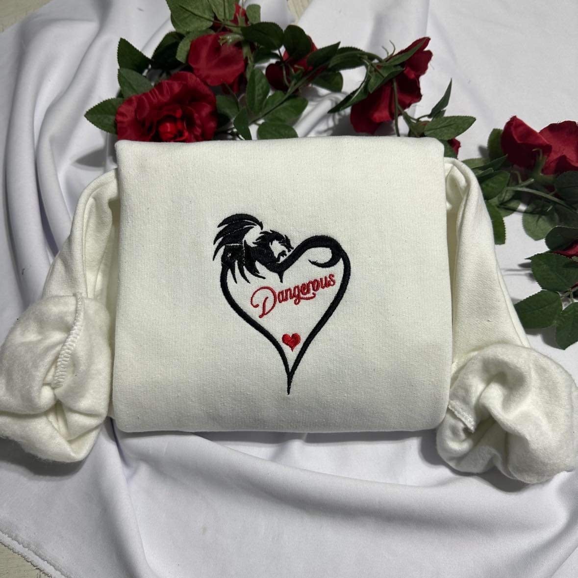 Dragon Heart Embroidered Sweatshirt; Dangerous Dragon lover shirt, Valentines Day Gift for Her