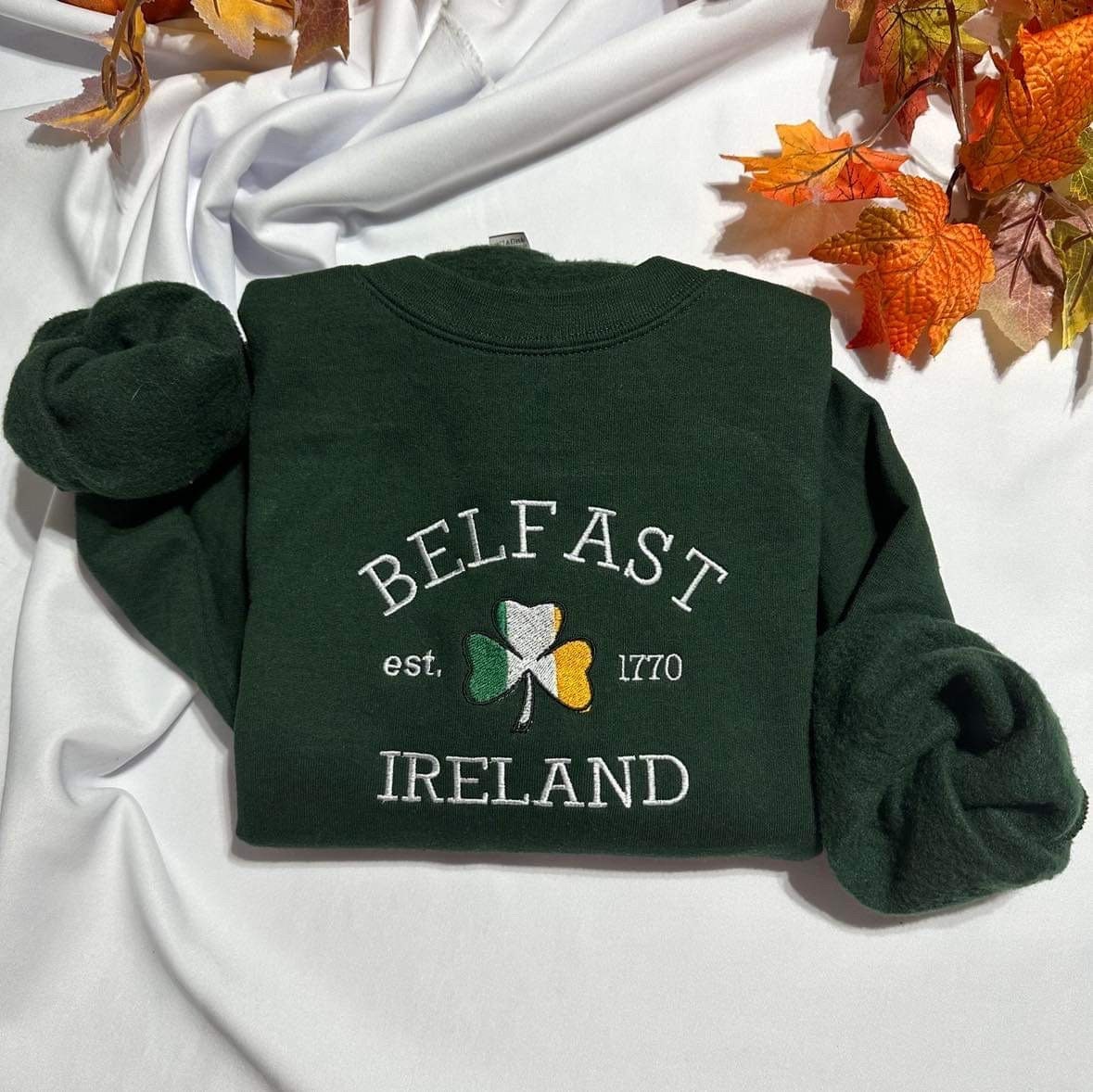 Belfast Ireland Embroidered Sweatshirt: Irish Shamrock Crewneck