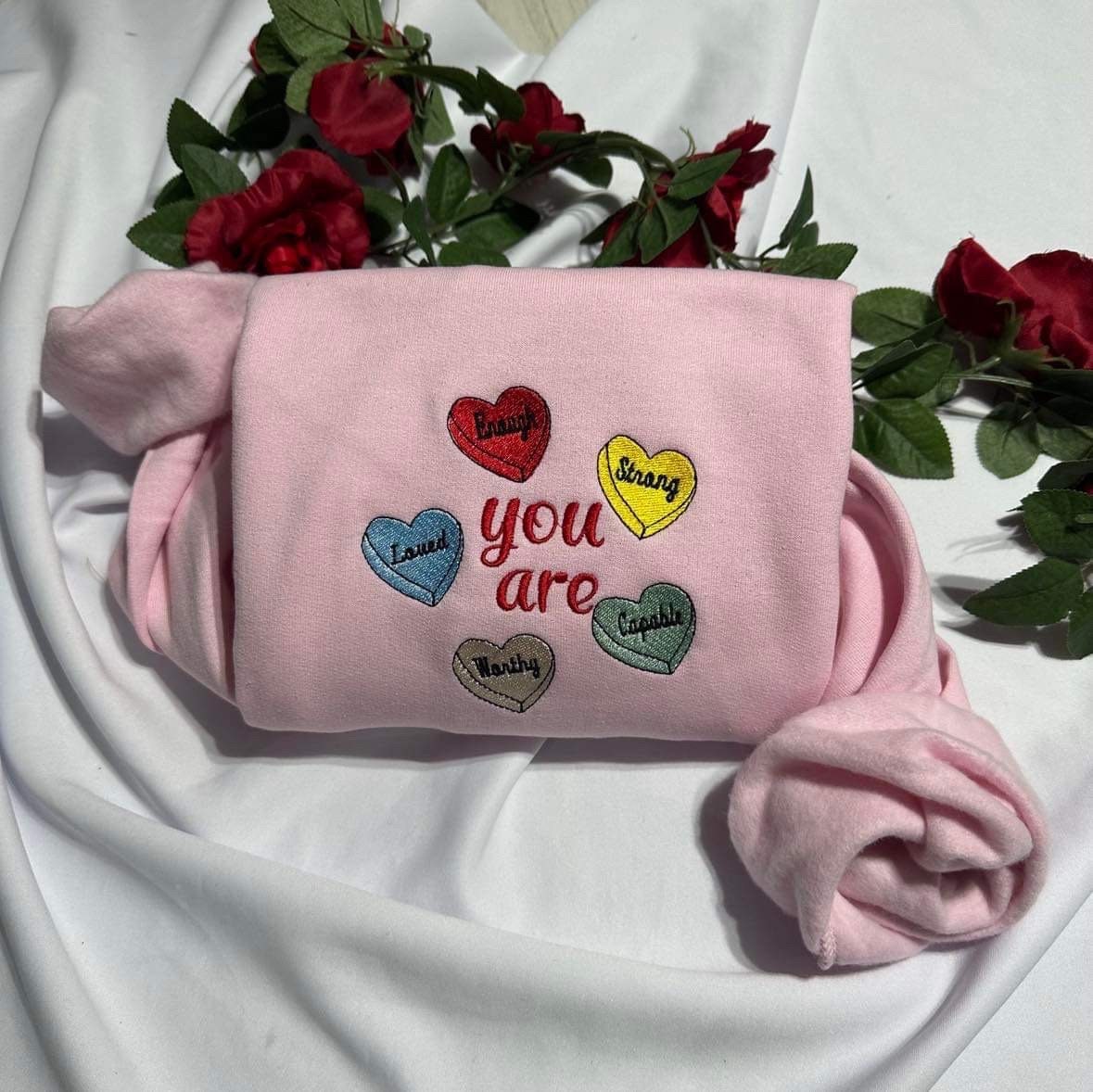 Cute teacher Valentine embroidered Sweatshirt, you are enough valentine embroidered crewneck. Women clothing. Worthy teacher gift