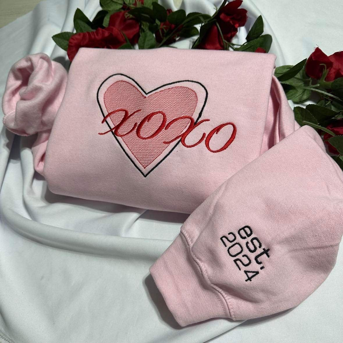 Personalised XOXO Embroidered Sweatshirt; XOXO Valentines Heart, Custom Sleeve Embroidery, gift for women