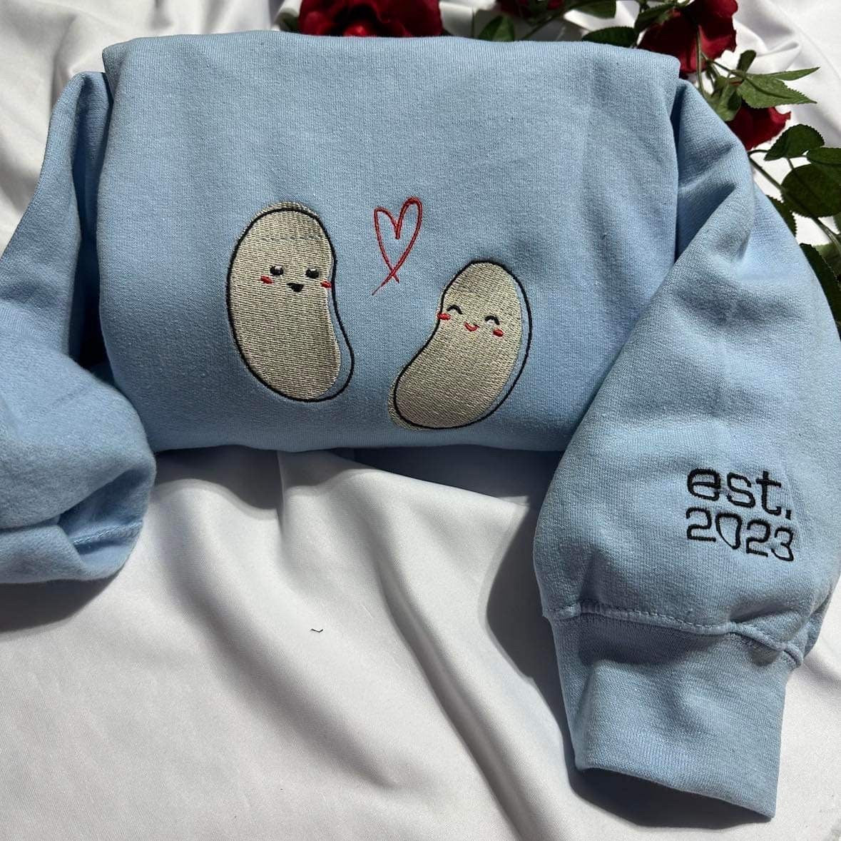 Personalised Bean embroidered Sweatshirt,  cute customisable couple Bean with est. year  embroidered on the cuff of the crewneck,