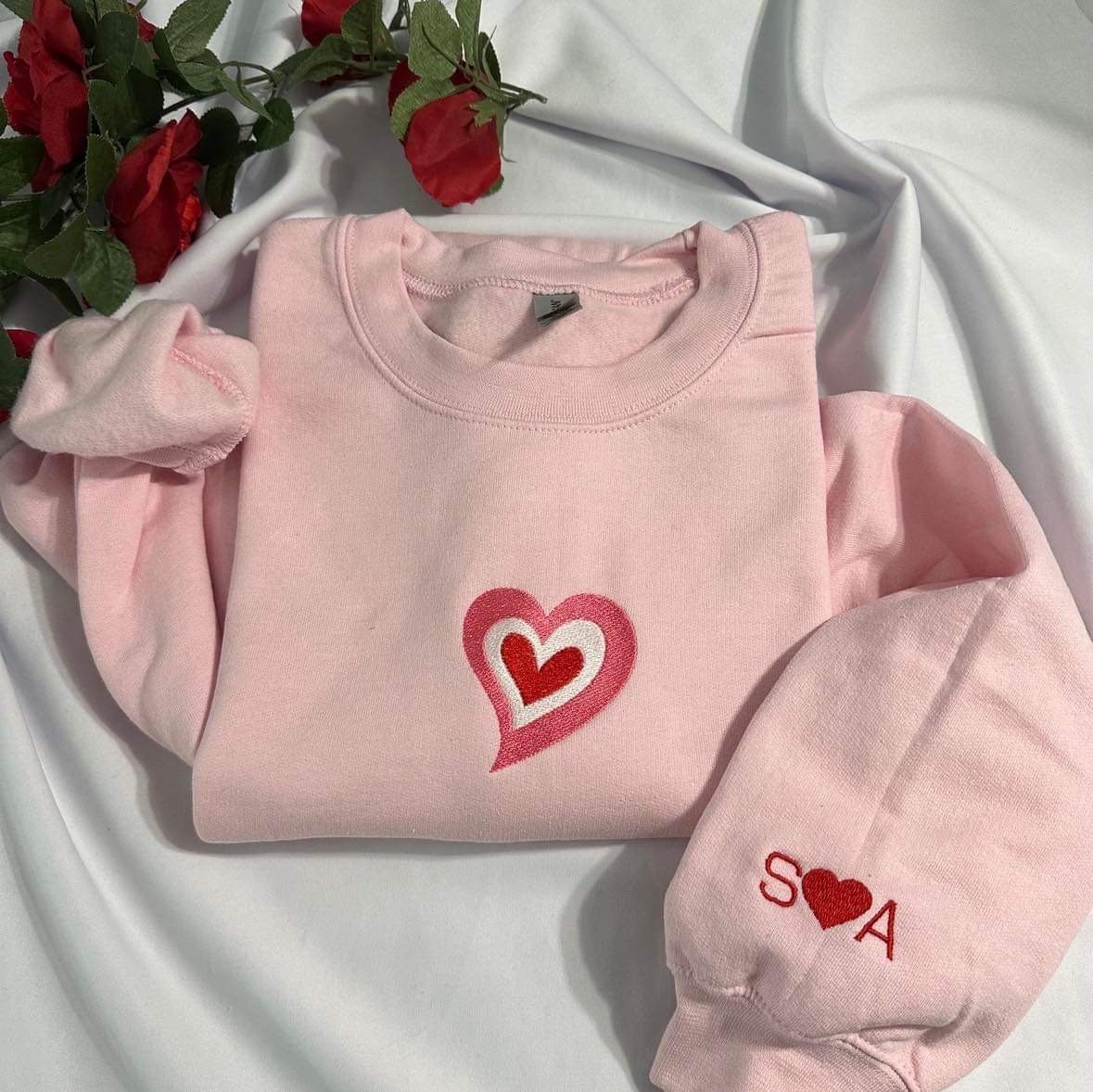 Customizabl Valentine embroidered sweatshirt; personalizable initial shirt, gift for women crewneck,  retro Valentine embroidered crewneck