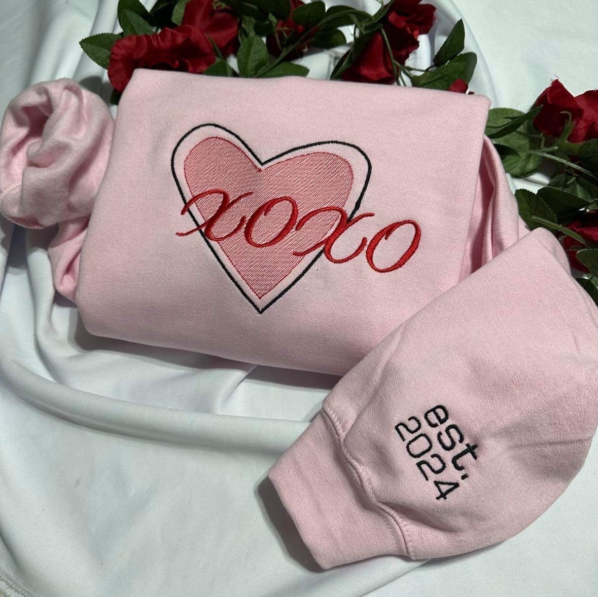 Personalised XOXO Embroidered Sweatshirt; XOXO Valentines Heart, Custom Sleeve Embroidery, gift for women