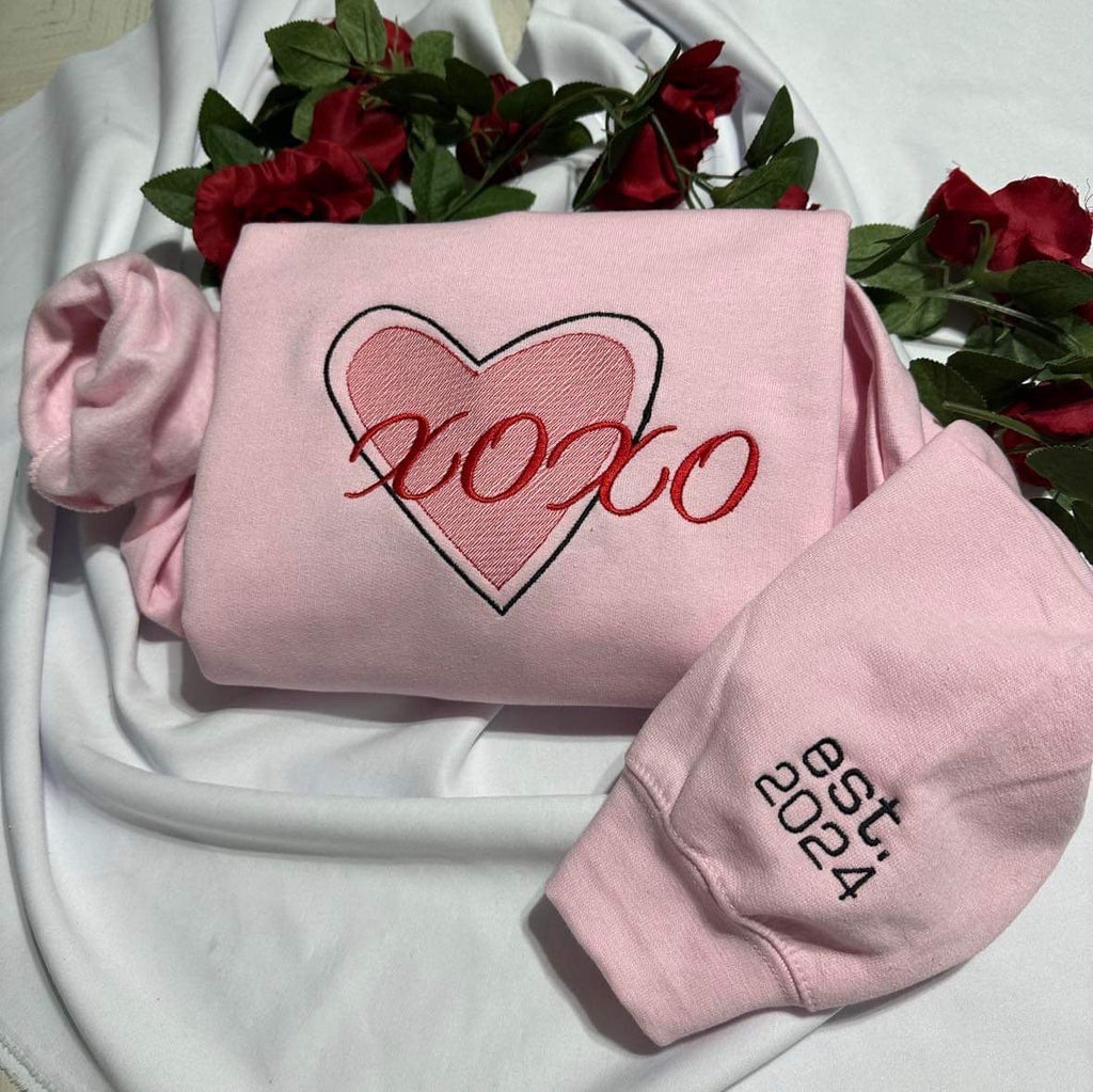 Personalised XOXO Embroidered Sweatshirt; XOXO Valentines Heart, Custom Sleeve Embroidery, gift for women