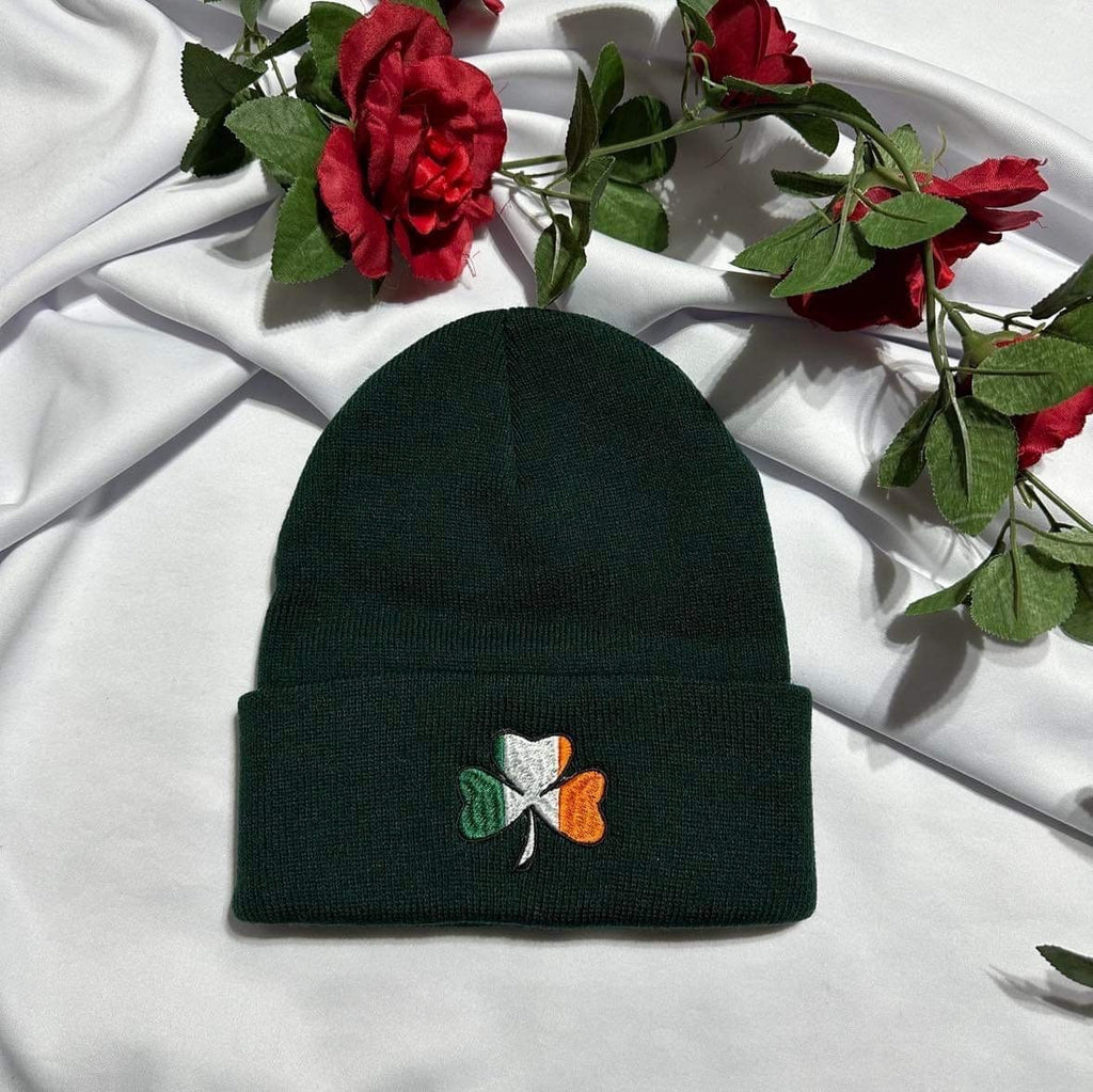 Embroidered Ireland Flag Beanie: Irish Shamrock Knit Cap