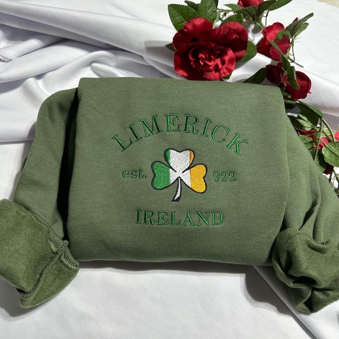 Limerick Ireland Embroidered Sweatshirt: Shamrock Crewneck
