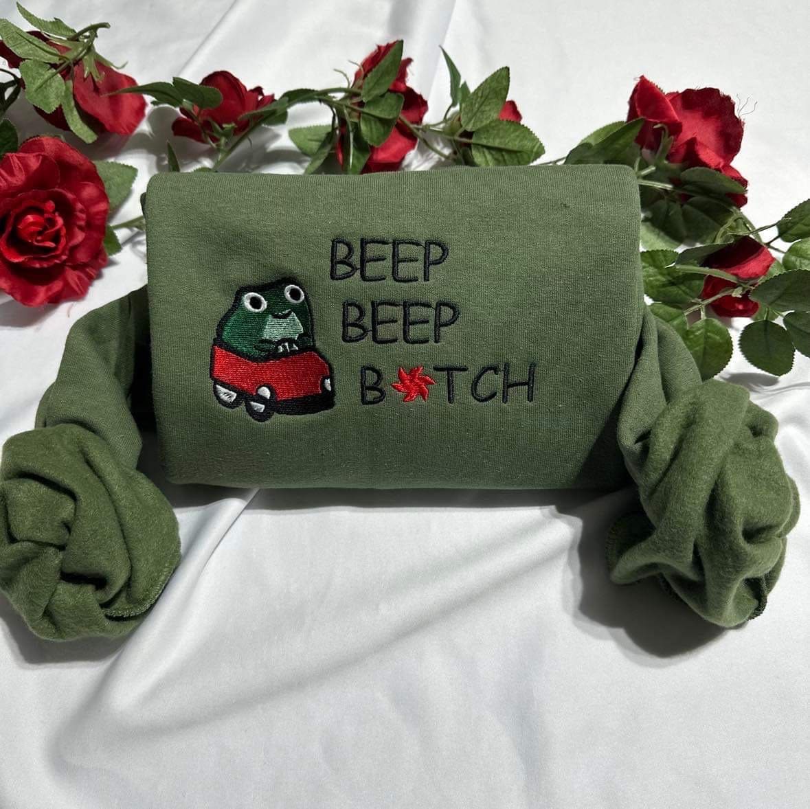 Funny Frog Embroidered Sweatshirt: "Beep Beep Bitch" Meme