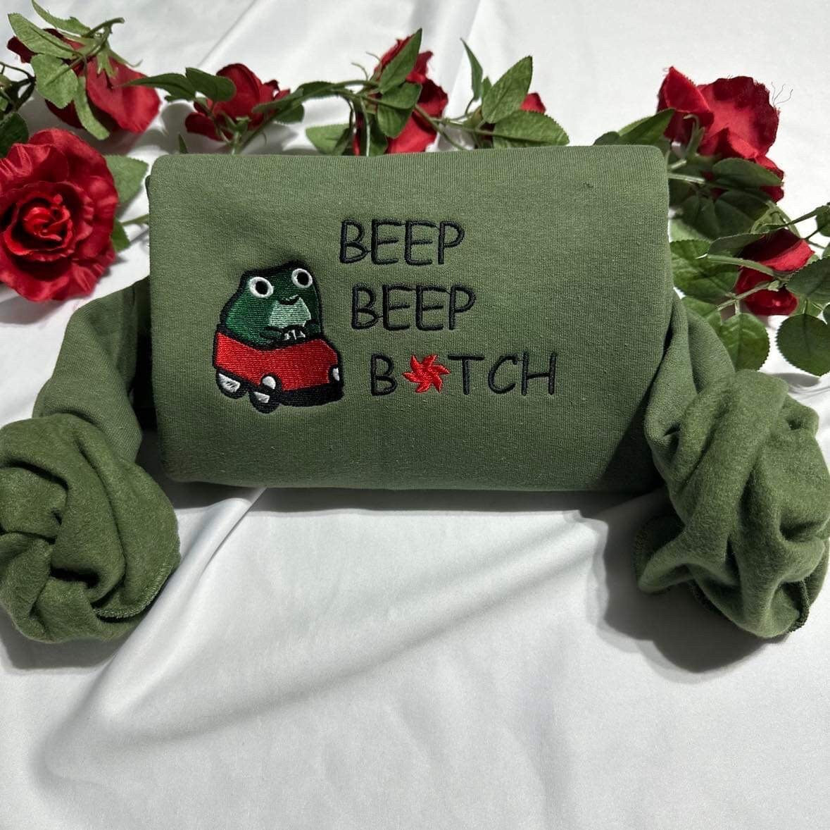 Funny Frog Embroidered Sweatshirt: "Beep Beep Bitch" Meme