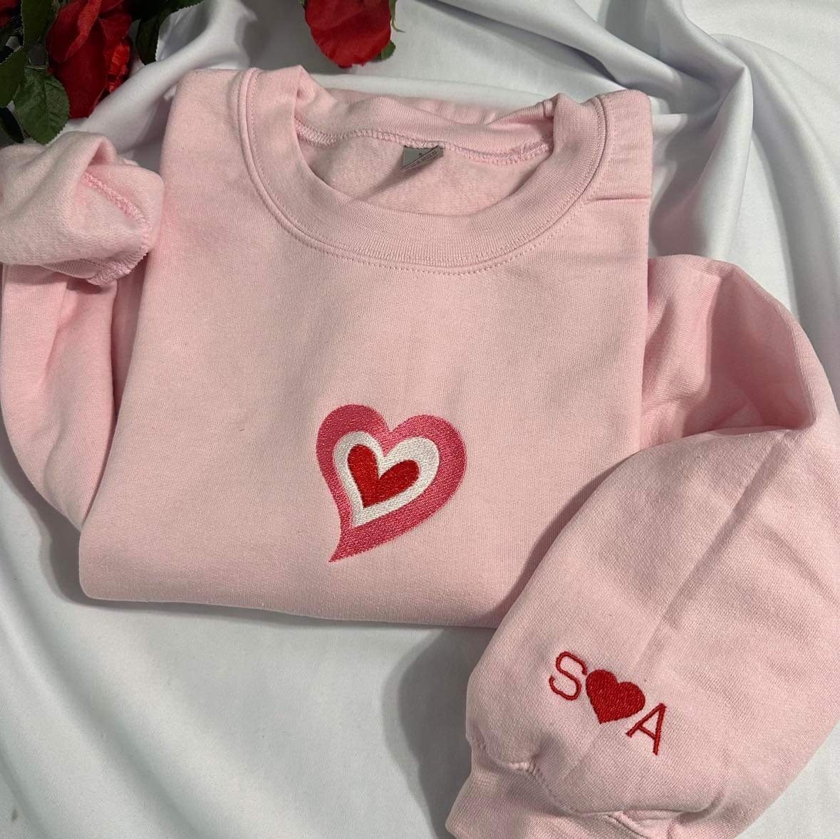 Customizabl Valentine embroidered sweatshirt; personalizable initial shirt, gift for women crewneck,  retro Valentine embroidered crewneck