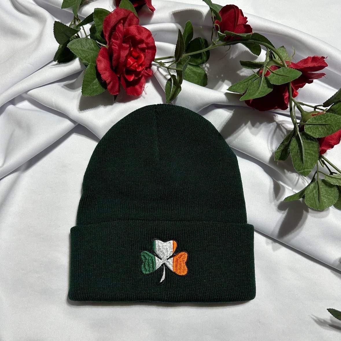 Embroidered Ireland Flag Beanie: Irish Shamrock Knit Cap