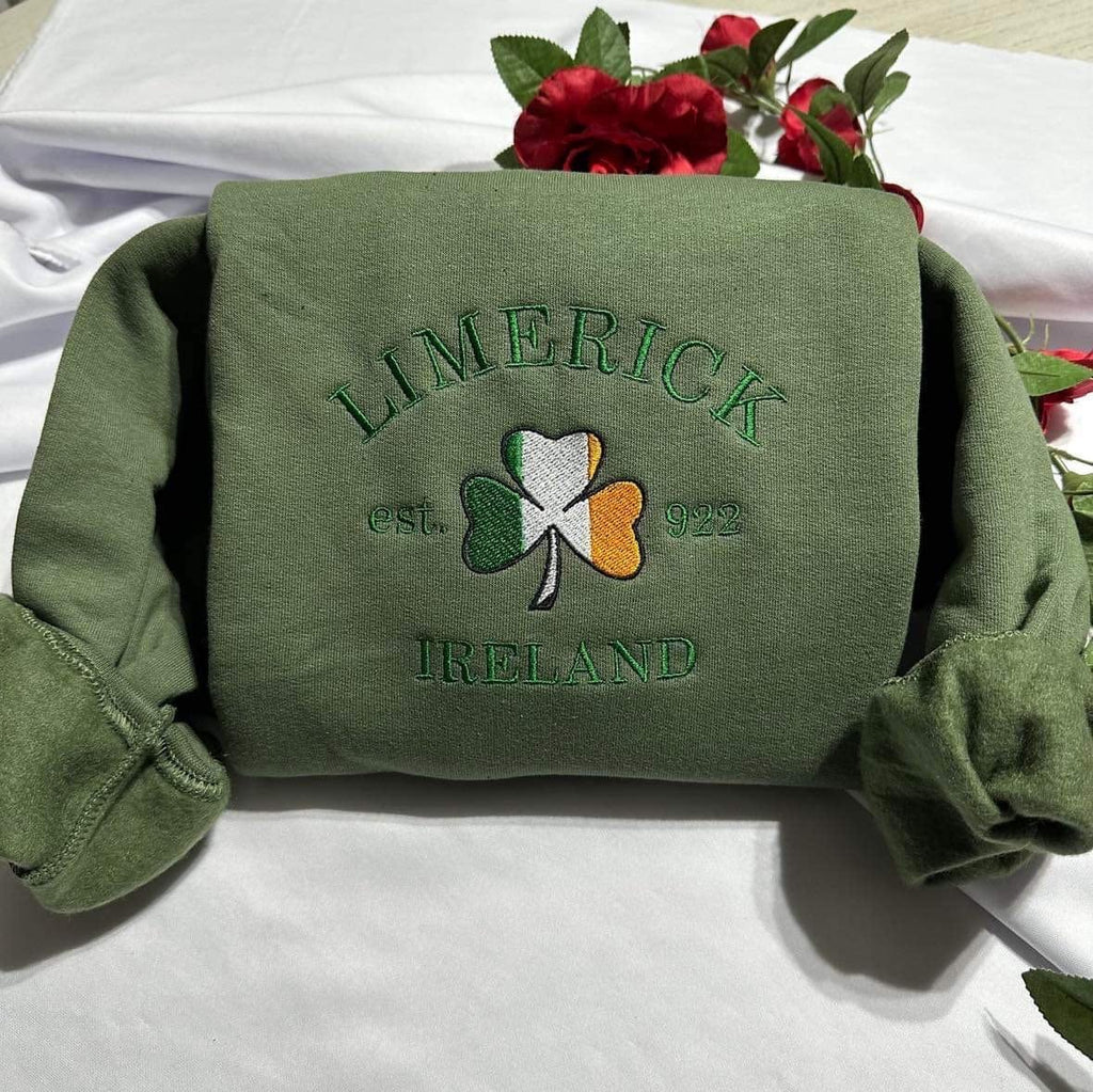 Limerick Ireland Embroidered Sweatshirt: Shamrock Crewneck